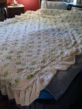 Floral Ruffled Quilt in Cream and Yellow - Home Bedding
